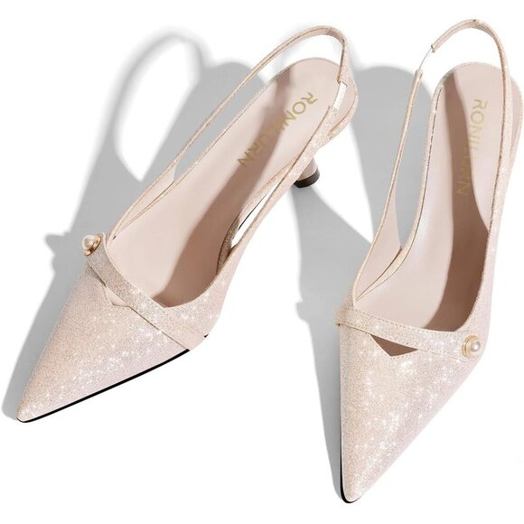🆕 Women Rose Gold Faux Leather Kitten Heels Slingback Pearl Pumps - Picture 3 of 7